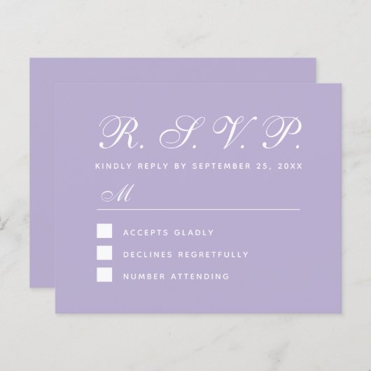 Carte Lavender RSVP Budget Simple Script Purple (Devant / Derrière)