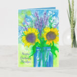 Carte Lavender Sunflower Bouquet Happy Birthday<br><div class="desc">A pretty floral happy birthday greeting card featuring a bouquet of sunflowers,  lavender,  and baby's breath in a blue jar with a chartreuse green background painted with watercolor.</div>