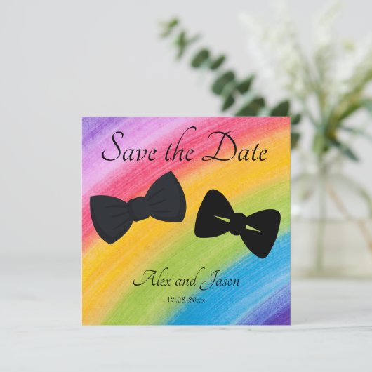 Carte LBGT Modern Rainbow Black Enregistrer la date Mari (Debout devant)