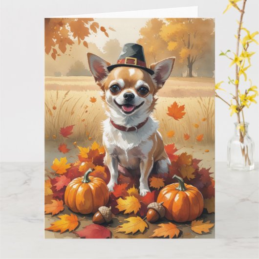 Carte Le Chihuahua D'Automne Laisse L'Art Thanksgiving (Fleur jaune)