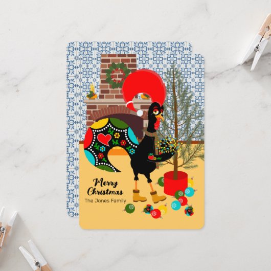 Carte Le coq portugais et les lumières de Noël (Devant/Arrière en situation)