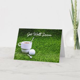 Carte Le golf va bien bientôt avec tasse de thé et balle