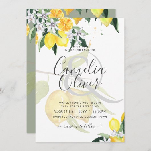 Carte LeahG Citrus Lemons Budget Mariage Inviter Jaune (Devant / Derrière)