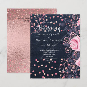 Carte LeahG Denim Bleu Rose Doré Rose Floral Mariage