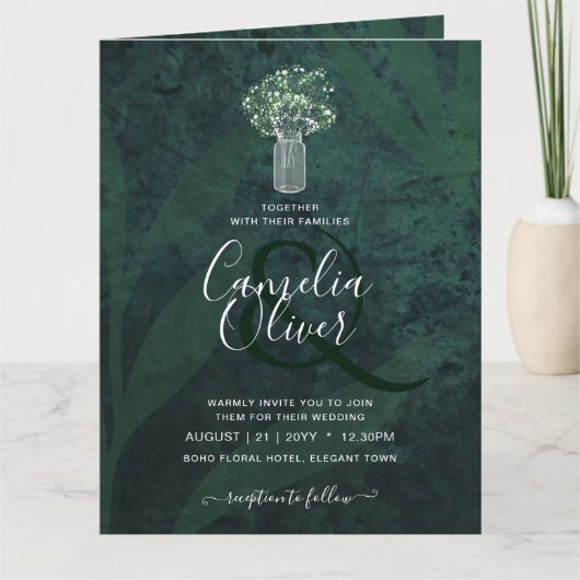 Carte LeahG Emerald Green Gypsophila Mason Jar Mariage (Devant)