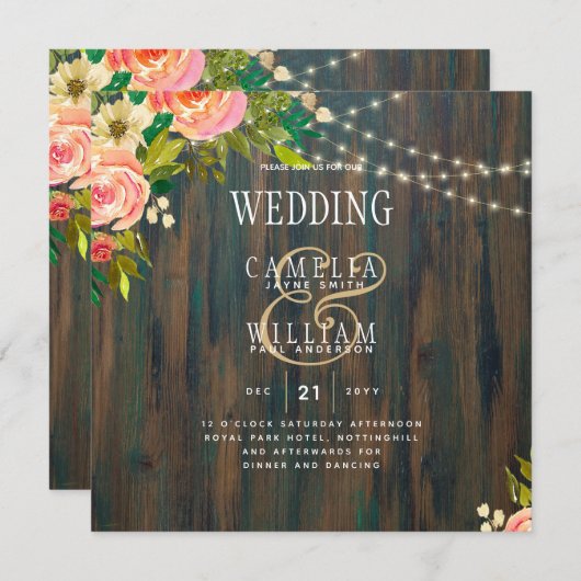 Carte LeahG Pêche Rustique Mariage Floral de corail (Devant / Derrière)