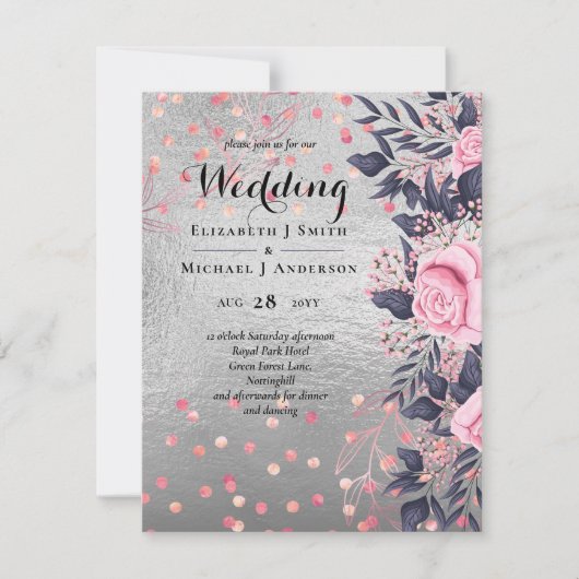 Carte LeahG Silver Navy Rosegold PInk Floral Mariage (Devant)