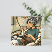 Carte Lecture douce Lady avec café et chat (Debout devant)