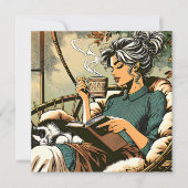 Carte Lecture douce Lady avec café et chat (Devant)