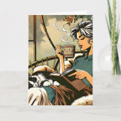 Carte Lecture douce Lady avec café et chat (Devant)