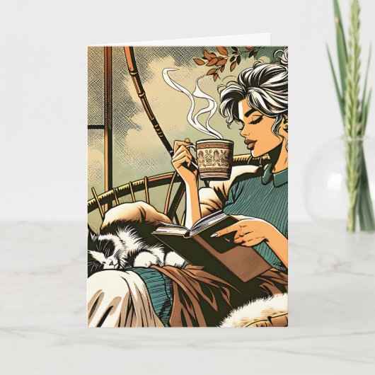 Carte Lecture douce Lady avec café et chat (Devant)