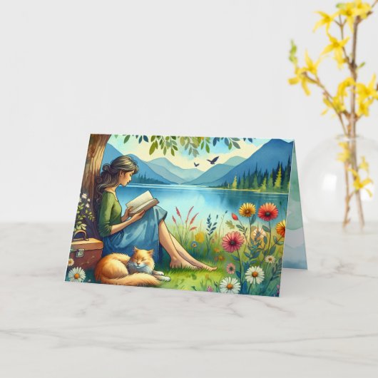 Carte Lecture d'un livre sous un arbre avec un chat endo (Fleur jaune)