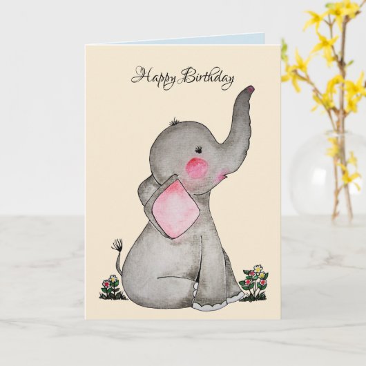 Carte L'éléphant mignon de bébé d'aquarelle avec (Fleur jaune)