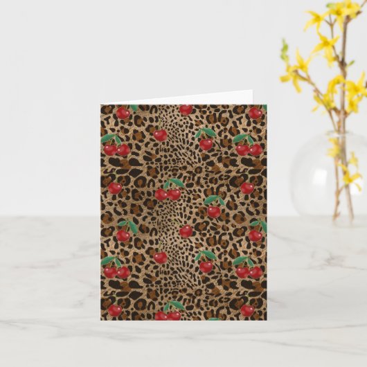 Carte Leopard Cheetah Animal Print Red Cherry Pattern (Fleur jaune)