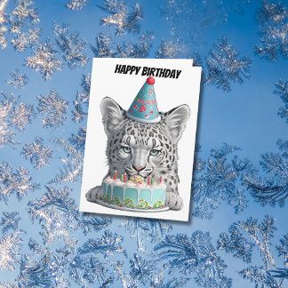 Carte Léopard des neiges avec chapeau d'anniversaire