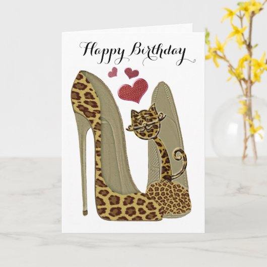 Carte Leopard Stiletto Chaussures et Cat Art (Fleur jaune)