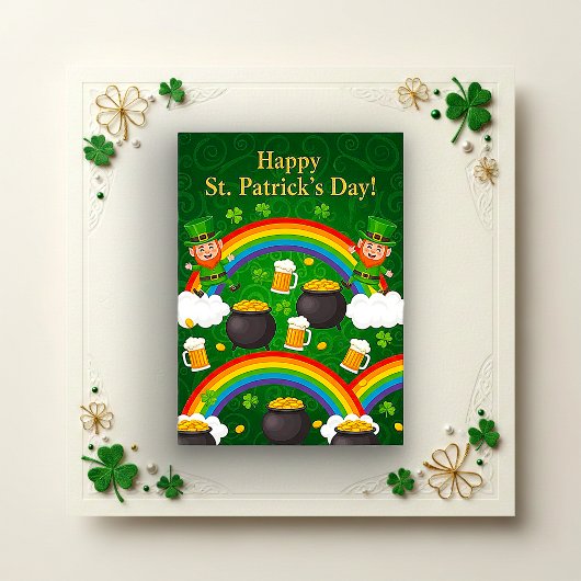 Carte Leprechaun Rainbow Gold Pot Green Cartoon
