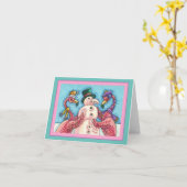 CARTE LES FLAMANTS ROSES ROSES RENDENT SNOWMAN, NOËL AMU (Fleur jaune)