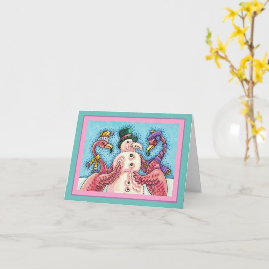 CARTE LES FLAMANTS ROSES ROSES RENDENT SNOWMAN, NOËL AMU (Fleur jaune)