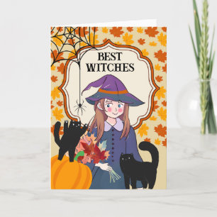 Carte Les meilleures sorcières d'Halloween avec chats et