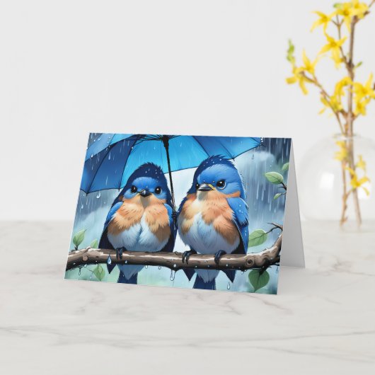 Carte Les oiseaux bleus sous un parapluie Anniversaire (Fleur jaune)