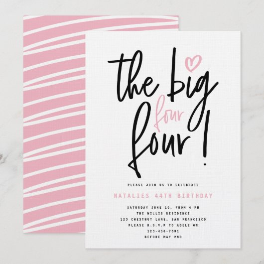 Carte Les quatre grands 4 ! fête d'anniversaire de 44h (Devant / Derrière)