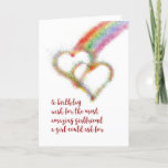 Carte Lesbienne Anniversaire Wish for Girlfriend, Coeurs<br><div class="desc">Souhaitez à votre compagne,  la petite amie la plus extraordinaire qu'une fille puisse demander,  un joyeux anniversaire avec cette carte de voeux lgbt coloré qui a une image d'effet aérographe brillante de deux coeurs qui s'entrecroisent,  qui se sont formés à la fin d'un arc-en-ciel.</div>