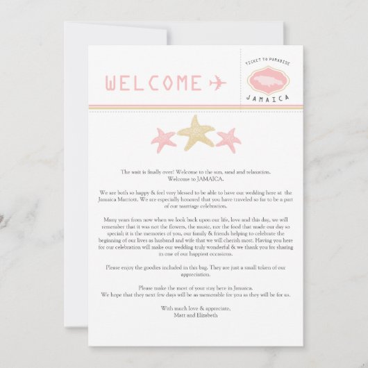 Carte LETTRE D'ACCUEIL Mariage DE Jamaïque Rose D'OR (Devant)