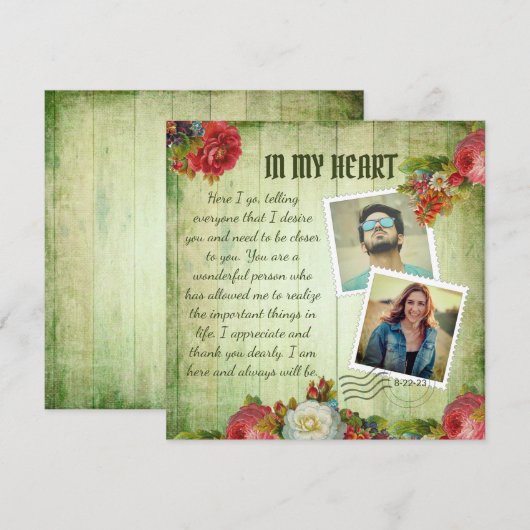 Carte Lettre d'amour romantique vintage en bois vert (Devant / Derrière)