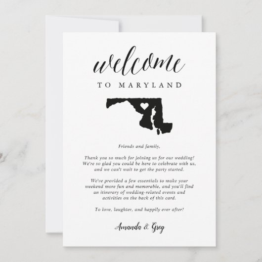 Carte Lettre de bienvenue du Mariage du Maryland et itin (Devant)