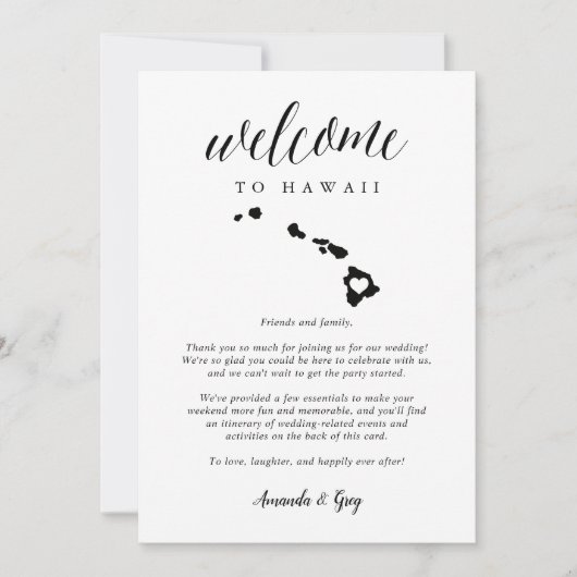 Carte LETTRE DE BIENVENUE Mariage Hawaii & Itinéraire (Devant)