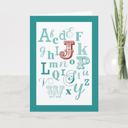 Carte Lettre J Nom initial Alphabet Anniversaire Turquoi (Devant)
