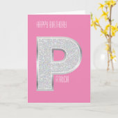 Carte Lettre P argent rose (Fleur jaune)