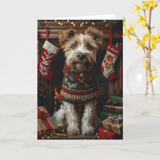 Carte Lévrier avec des cadeaux de Noël cheminée (Fleur jaune)