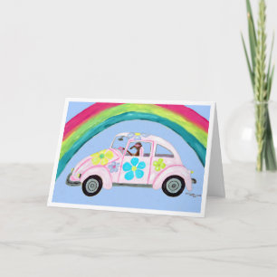 Carte Lévrier en voiture hippie avec arc-en-ciel