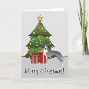 Carte Lévrier Italien Bleu Et Blanc & Sapin De Noël