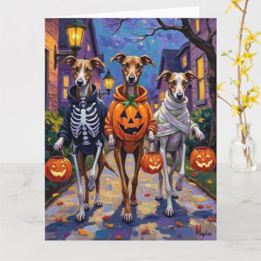 Carte Lévriers Trick-or-Treating dans des costumes d'Hal (Fleur jaune)