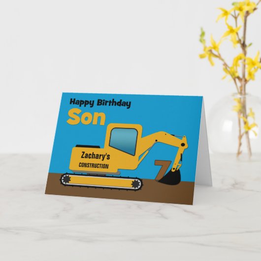 Carte L'excavatrice jaune du 7ème anniversaire de fils (Fleur jaune)