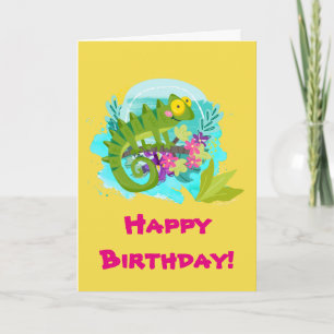 Carte Lézard tropical vert avec l'anniversaire de fleurs