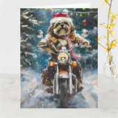 Carte Lhasa Apso Chien à cheval Moto Noël (Fleur jaune)