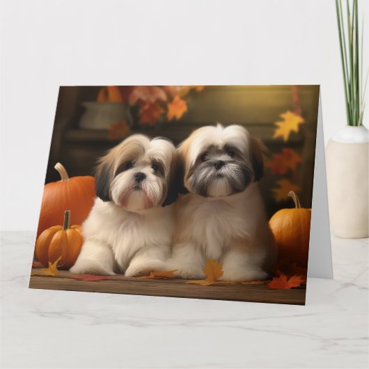 Carte Lhasa Apso chiot automne délice citrouille (Devant)