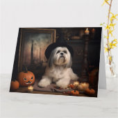Carte Lhasa Apso Citrouille Halloween effrayant (Fleur jaune)