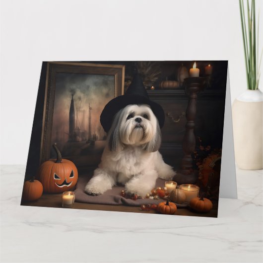 Carte Lhasa Apso Citrouille Halloween effrayant (Devant)