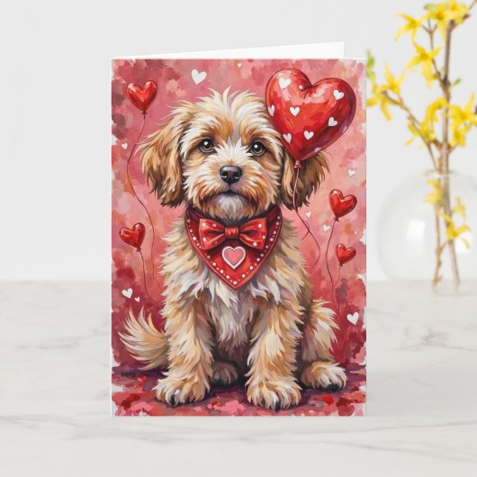 Carte Lhasa Apso Saint-Valentin Chien Assis avec des Cœu (Fleur jaune)