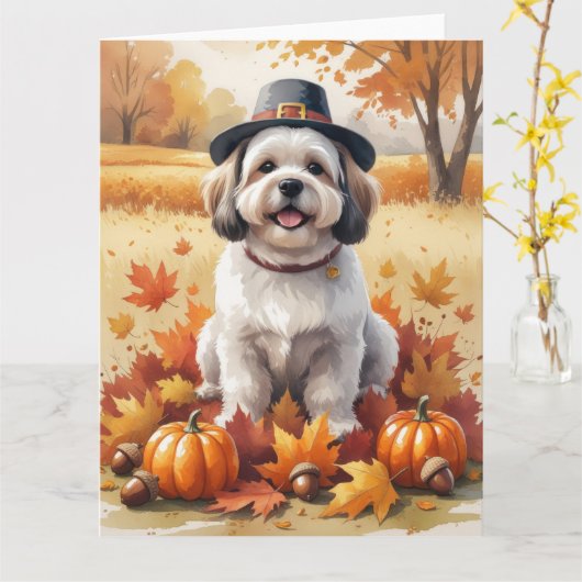 Carte Lhassa Apso En Automne Laisse L'Art Thanksgiving (Fleur jaune)
