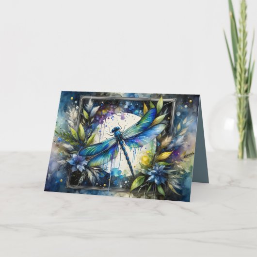 Carte Libellule bleue botanique aquarelle (Devant)