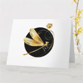 Carte libellule d'or en cercle noir (Fleur jaune)