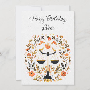 Carte Libra Scales Zodiac Boho Floral Birthday Flat Card