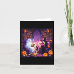 Carte Librairie hantée Halloween Rétro Sorcière de livre