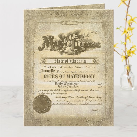 Carte Licence de mariage vintage (Fleur jaune)